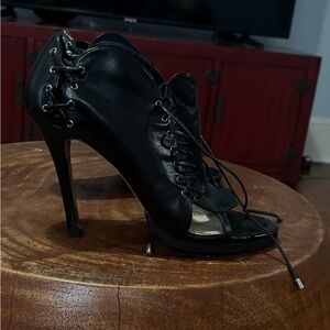 Black Leather lace-up open-toe high heels by  Camilla Skovgaard